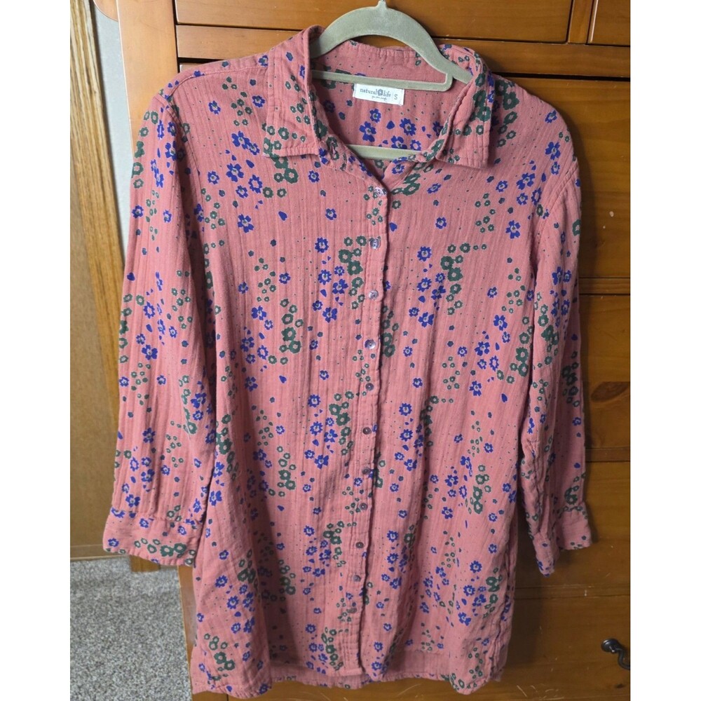 Natural Life Button Down Dress Size Small Floral Long Sleeve Collar Cotton Tunic